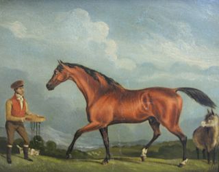 Two 19th century equestrian oil on board paintings to include horse in a stall, unsigned, 9 1/2" x 12 1/2"; along with a landscape w...