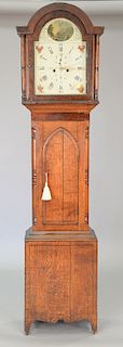 Oak tall clock with brass works, weights, and pendulum, dial marked J. Wakefield Ayton Banks, circa 1790-1810. ht. 84 in.