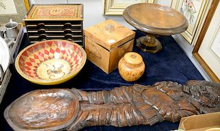 Group of six pieces of carved wood items to include burl modern box, burl inlaid covered jar, two bowls, etc. largest ht. 44 in. Pro...