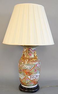 Rose medallion vase made into a table lamp, vase ht. 14 1/2 in., total ht. 29 in.