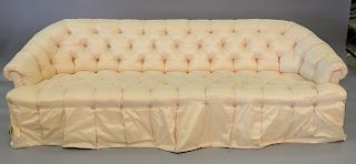 Pair of custom silk tufted sofas. ht 29 in., wd. 91 in., seat ht. 15 in.