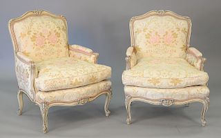 Pair Louis XV style bergeres with Scalamandre custom silk upholstery and down cushions. ht. 37 1/2 in., wd. 29"