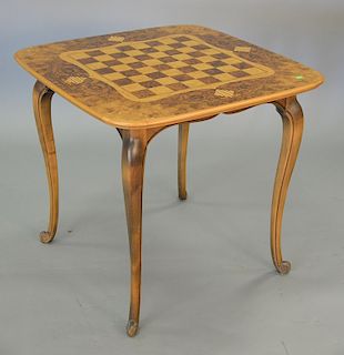 Inlaid games table with burlwood top. ht. 27 1/2 in., top: 31" x 31"