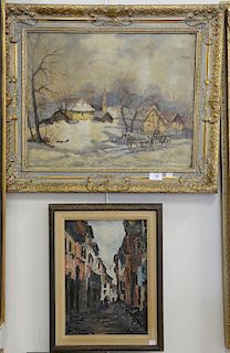 Two framed oil on canvas Bela Nemeth (1880), snow landscape with horse and wagon, signed lower right,16" x 19 3/4", Ethel R Duhan (2...