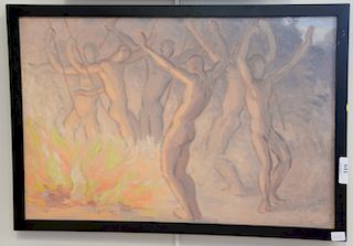 Fernand Collomb, oil on canvas, group of dancing nude men, lower right Atelier Lyon Fernand Collomb stamp, 13" x 19"