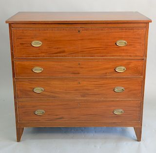 Federal mahogany four drawer chest with line and dot inlay, circa 1800. ht. 44 in., top: 20 1/2 in. x 45 1/2 in.