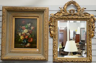 Four piece lot to include a pair of oil on canvas still life of flowers, a gilt framed mirror, along with an additional oil on canvas still life of fl
