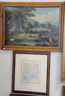 Oil on canvas primitive farm landscape, John Briggs, Dublin 1866, 17.5" x 24.5"; along with two hand written letters, one Paris 1822...