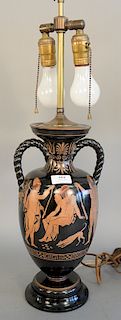 Greek style terracotta urn made into table lamp, black with figure, vase ht. 14 in., total ht. 24 in.