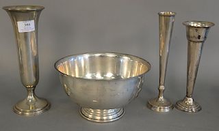 Four piece silver serling lot to include Revere style sterling silver bowl (ht. 5 in., dia. 9 in.) and three vases. 24.5 troy ounces...