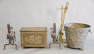 Lot of fireplace equipment to include pair of arts and crafts, wrought iron, leaf andirons (ht. 18 in.), large pail with lions heads and claw feet, br
