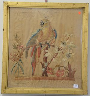 Silk embroidered parrot with glass eye, 19th century, signed lower right illegibly, 28" x 26"