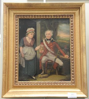 19th century oil on canvas, Soldier and wife with landscape background in contemporary France, sight size 12" x 10"