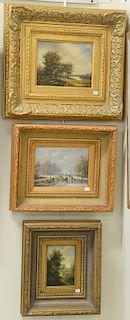 Group of three 20th century oil paintings, Winter Ice Skating landscape, signed illegibly lower right, sight size 7" x 9 1/2", Fall ...