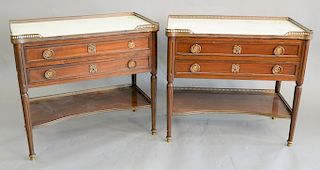 Pair of Continental marble top stands with brass galleries. ht. 27 1/2 in., top: 16" x 30"