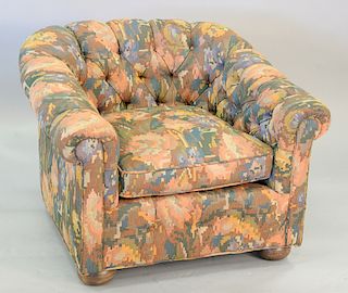 Chesterfield style club chair, Scalamandre upholstered. ht. 28 in., wd. 36 in.