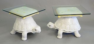 Pair of majolica garden seats with turtle bases and glass top. ht. 17 1/2 in., top: 20" x 22"