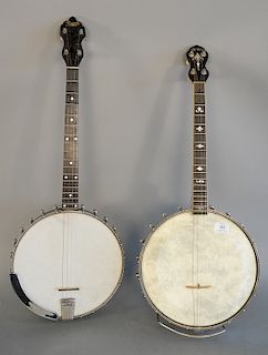 Two banjos, Bacon four string, Groton CT drum top solid bridge, no warp on neck, hardshell case; and a EL Baile, Brooklyn NY four st...