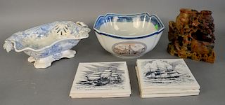 Lot to include soapstone double vase (ht. 6 1/2 in.), Staffordshire bowl, tiles, and reproduction export bowl