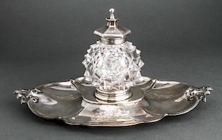 English Victorian Cut Glass Inkwell w Silver Tray