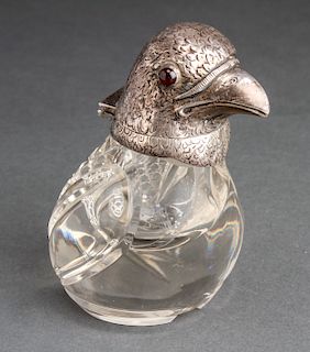 Continental Silver Garnet & Cut Glass Bird Inkwell