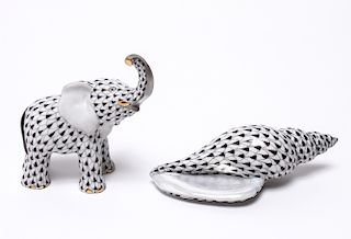 Herend Porcelain Fishnet Pattern Elephant & Shell