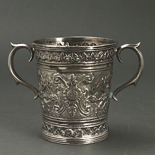 Silver Repousse Ornate Two Handled Cup Beaker 19 C