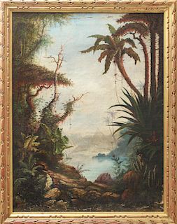 "Tropical Jungle Landscape" Oil on Canvas, 19th C.