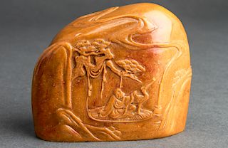 Chinese Carved Hardstone Seal w Man & Bird