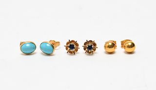 14K Gold Sapphire & Turquoise Earrings 3 Pairs