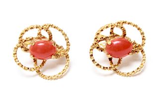 18K Yellow Gold & Coral Post Earrings Pair