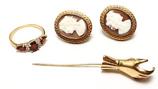 9K Gold Cameo Earrings Gold-Tone Ring & Stick Pin