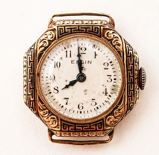 Art Deco 14K Gold & Enamel Octagonal Elgin Watch