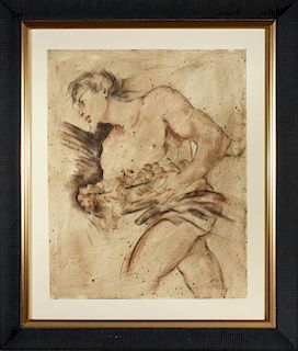 Illegibly Signed Male Figure Mixed Media Drawing