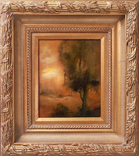 "Hushed II" Landscape w Tree Oil on Board