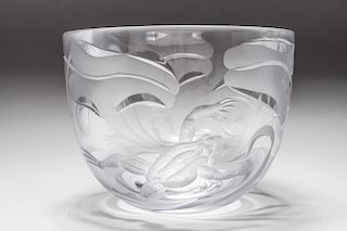 Faberge Etched Art Glass Bowl w Frog