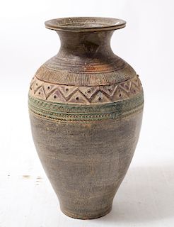 Large Glazed Incised Decoration Pottery Vase / Urn
