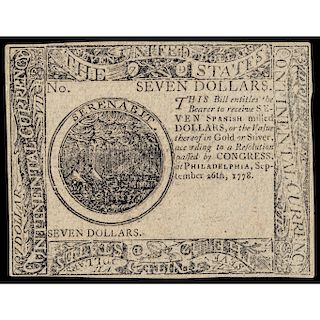 Continental Currency September 26, 1778 $7 Blue Detector PMG Ch. AU-58