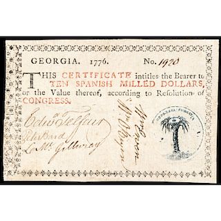 Colonial Currency, Georgia. 1776 Light Blue Seal $10 Millstone on Palm Tree Note
