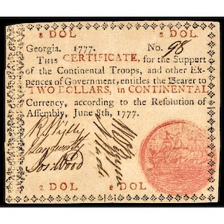 Colonial Currency, GA, 1777, $2, Sailing Ship, Red in. PMG Choice Very Fine-35