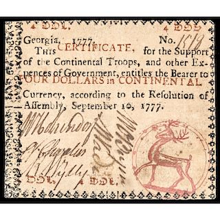 Colonial Currency, Georgia Sept. 10, 1777 $4 Red Stag Seal About Extremely Fine