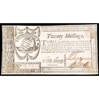 Colonial Currency, GA. Oct. 16, 1786, 20s. Choice About Unc. Bold and Vivid