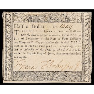 Colonial Currency, Maryland June 8, 1780 Half a Dollar BLACK MONEY Note Rarity!