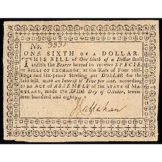 Colonial Currency, Maryland October 17, 1780 One Sixth Dollar, PCGS Very Fine-30