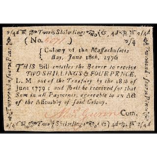 Colonial Currency, MASS. June 18, 1776, 2s4d Choice Crisp EF+ to About Unc.