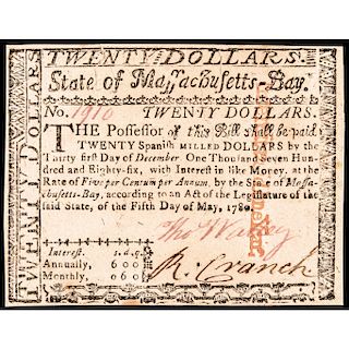 Colonial Currency, Mass. May 5, 1780 $20 UNITED STATES GUARANTEED Issue Cft. CU