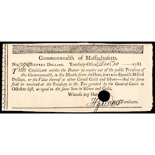 Colonial Currency, MA, 1781, 16 Spanish Milled Dollars Treasurers Certificate