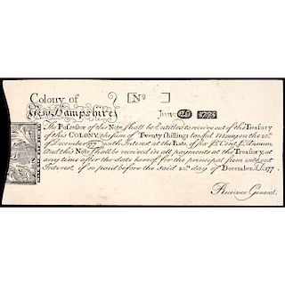 Colonial Currency Note, NH, June 20, 1775, 20s REPRINT Choice About Uncirculated