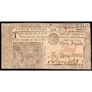 Colonial Currency, NJ. June 14, 1757 Three Pounds PCGS Choice About New-55 PPQ 