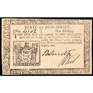 Colonial Currency, NJ, Jan. 9, 1781. One Shilling. Choice Crisp Uncirculated